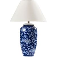 Lampe à Poser en Porcelaine avec Motif Abat-Jour en Lin en Forme de Tambour Éclairage Chambre Salon Élégant Bleu et Blanc Angeles