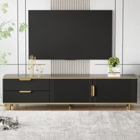 Mobile TV 175 cm, con 2 cassetti, 2 porte, piedi e maniglie in metallo dorato, motivi scolpiti, stile scandinavo, mobile da soggiorno in legno - Nero