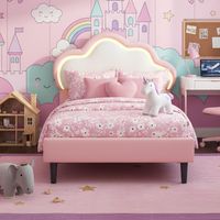 Lit simple 90x200 cm, lit 90x200 enfant, avec lumières LED en tête de lit, avec sommier à lattes et dossier en forme de nuage, lit capitonne 90x200 cm, Rose