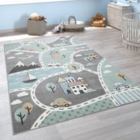 Paco Home Kinder-Teppich Mit Straßen-Motiv, Spiel-Teppich Für Kinderzimmer, In Grün Grau Ø 160 cm Rund