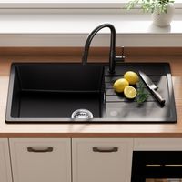 Granit Spüle 86×45 cm CECIPA MAX, Aufsatzspüle mit Abtropffläche Küchenspüle Granit inkl. Siphon Ab- und Überlaufgarnitur
