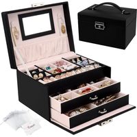 Boîte à Bijoux, Coffret à Bijoux avec Miroir et 2 Tiroirs, Rangement Bijoux Coffret Bijoux Verrouillable de Voyage à 3 Couches, Organisateur de Bijoux pour Colliers, Bagues, Noir