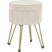 Songmics – Tabouret de rangement rond en velours – Repose-pieds confortable 39 x 44,4 cm – 4 pieds en métal – Espace de rangement 9,4 L – Blanc crème