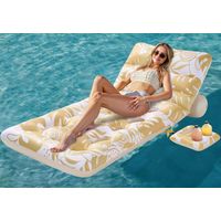 Matelas Gonflable pour Adultes, Transat de Piscine à Motif Feuilles Tropicales avec Dossier Réglable et Porte-Gobelets, Bouée Flottante pour Bronzage, Chaise Flottante pour Piscine, Plage, Lac