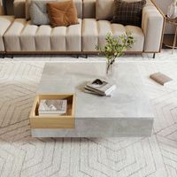 Table basse, table de salon, table d'appoint avec coffre de rangement amovible, coloris gris béton et bois