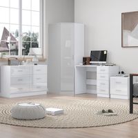Reflect 1 Door Corner Wardrobe, 6 Drawer Wide Chest, 2 Drawer Bedside, 4 Drawer Desk - White Gloss & Matt White - Modern Bedroom Furniture Set