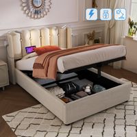 Letto singolo contenitore imbottito 90 x 200 cm, lampada da lettura con ricarica, in lino, beige