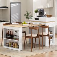 Îlot de cuisine avec roulettes et table extensible pliable, bar avec prises électriques et crochets, meuble multifonction pour cuisine et salle à manger (blanc)