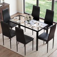 7-teiliges schwarzes Esszimmer-Set, Küchentisch aus Glas und 6 Stühle aus Kunstleder, kompaktes Esszimmer-Set für kleine Räume, Moderne Esszimmer-Sets für zu Hause, Küche