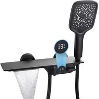 Grifo De Bañera Cascada Con Indicador de Temperatura, Mezclador De Ducha Montado En La Pared Ducha De Mano De 3 Funciones Grifo Para Baño Bañera, Latón (Negro)