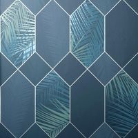 Navy Silver Miami Wallpaper Fine Decor Tropical Jungle Geometric Metallic