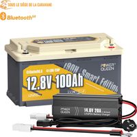 Power Queen – Batterie lithium 12V 100Ah 1280Wh LiFePO4 – Bluetooth 5.0 – Charge rapide 20A – Compatible camping-cars et systèmes solaires - Hauteur188mm