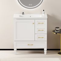 Meuble de salle de bain blanc de 75 cm. Grand espace de rangement : 1 porte à fermeture douce et 3 tiroirs.