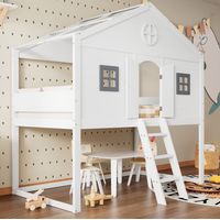 Letto a soppalco in legno bianco e grigio 90x200 cm con scala, protezioni laterali e finestre decorative