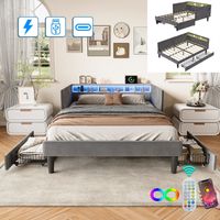 Cama doble de 140x200 cm con 2 cajones, cabecero con LED y almacenaje, carga USB + Tipo C, somier de láminas, tapizado en terciopelo - Gris