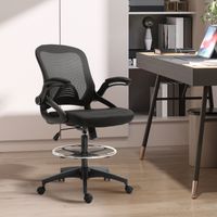 Chaise de bureau ergonomique, chaise de bureau avec repose-pieds, chaise de dessinateur avec dossier en maille, hauteur réglable, accoudoirs, assise rembourrée et pivotante à 360°, noire