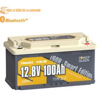 Power Queen – Batterie lithium 12V 100Ah 1280Wh LiFePO4 – Bluetooth – Protection basse température – Installation sous siège camping-car et bateau - Hauteur188mm