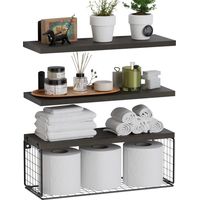 Lot de 3 étagères flottantes de salle de bain, étagères en bois pour salle de bain au-dessus des toilettes avec panier – Étagère flottante rustique avec garde-corps – Noir