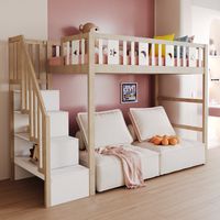 Lit Mezzanine Enfant 90x200 cm, Échelle Rangement, Bois Massif, Barrière, Décoration Étoiles, Bois