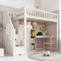 Hochbett 90x200 Jugendbett mit Schreibtisch und Kleiderschrank,Einzelbett mit USB/USB‑C Anschlüsse,Bettgestell mit offene Regale,Weiß(ohne Matratze)