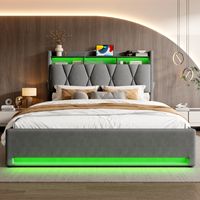Lit coffre adulte160x200 cm avec éclairage LED, port USB Type-C, tête de lit avec rangement intégré, sans matelas, gris
