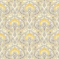 Retro Damask Wallpaper Vintage Flora Nouveau Metallic Silver Grey Yellow Crown