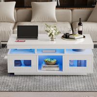 Table basse blanche haute brillance avec éclairage LED contrôlable par application – Table de salon avec meuble de rangement, table d'appoint avec port de charge et prise électrique – Idéale pour le b