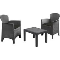 Ipae Progarden – Salon de jardin 2 fauteuils en polypropylène effet rotin – 1 table basse 59x46x40cm – Coussins inclus – Résistant aux intempéries