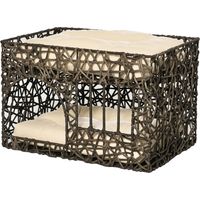 PawHut Cesta de Ratán para Gatos de 2 Alturas Cama Cueva de Gatos con 2 Cojines Suaves y Ventana 56x41x45 cm Café Oscuro