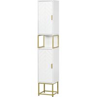 Colonna Bagno 2 Armadietti Ripiano MDF Acciaio Bianco Oro 30x30x170,7cm