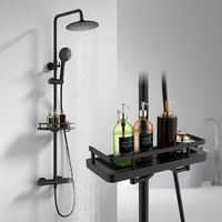 Colonne de Douche Thermostatique avec Étagère, Hauteur Réglable(1010-1260mm), Sans Perçage Supplémentaire, Douchette 3 Fonctions,Noir
