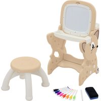 Mesa de Dibujos Infantil con Pizarra Blanca y Taburete Set de Caballete 3en1 Marrón para Niños a partir de 3 años, Mesa de Actividades con Diseño de Animales, Incluye Lápices y Esponja