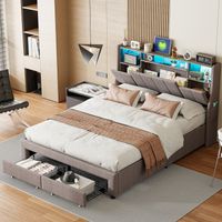 Letto 160x200 cm, 2 cassetti ai piedi del letto, illuminazione a LED, funzione di ricarica USB, tasche laterali, vano portaoggetti sul comodino, biancheria, rete a doghe - Grigio