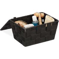 3 x Aufbewahrungskorb mit Deckel, Flechtoptik, Bad Organizer, HxBxT: 10,5 x 19,5 x 14,5 cm, Kunststoff, schwarz