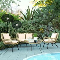 4-teilige Garten-Lounge-Garnitur – Epoxidharz, Metall – Beige Kissen in Polyesteroptik – Exotisches Design