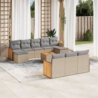 Salon de Jardin 11 Pièces en Résine Tressée Beige avec Coussins, Table en Acacia, Fonction Rangement et Pieds Réglables