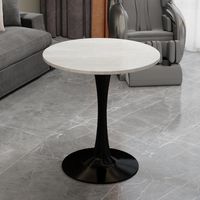 27.6-inch black coffee table, mid-century modern style dining table, suitable for 2-4 people, featuring a round marble tabletop with a white veined finish, perfect for various settings.
