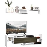 Armoire TV avec étagère murale, étagères ouvertes et placard en bois, placard TV pour salon et chambre, noir et blanc