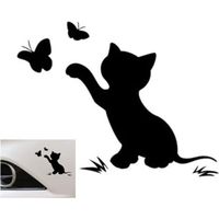 Autocollant pour voiture - Motif chat et papillon - Mignon - Décoration de voiture - Noir