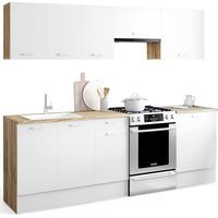 Idmarket – Cuisine complète 240 cm – Plan de travail 2,5 cm – Bois mélaminé blanc et bois – Rangement optimisé – Hauteur 90 cm