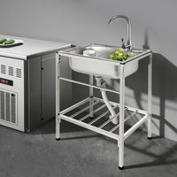 Fregadero de acero inoxidable con cesta, fregadero comercial de un solo seno, fregadero independiente con grifo de agua fría y caliente