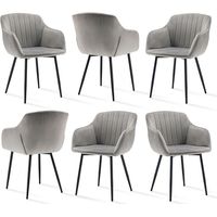 GOEURVANT Lot de 6 Chaises de Salle à Manger Gris Clair - Velours Doux, Design Ergonomique avec Accoudoirs, Rembourrage Épais, Pieds en Métal avec Patins Réglables, 150 kg