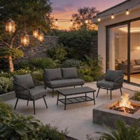 4 Seater Garden Set with Plastic Wood Storage Coffee Table, Polyester Rope Outdoor Set with Sofa and Armchairs, Weatherproof Outdoor Patio Sofa for Balcony and Terrace, Linen, Grey