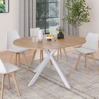 Mesa de comedor redonda extensible ALIX, madera y pata de araña blanca, 6-8 personas, 110-150 cm