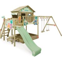 Parque infantil de madera Wickey Disneys Quest con Tobogan y Arenero grande en verde claro
