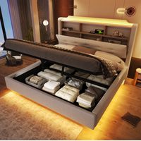 Polsterbett Leinen Beige 140x200 cm mit hydraulischem Stauraum, LED-Lichtleiste und USB-/Typ-C-Anschlüssen