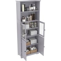 Armario de baño con 4 Puertas, 2 Huecos Abiertos y Estantes Ajustables, en MDF, 57.5 x 28.5 x 160 cm, Gris