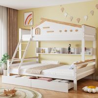 Letto a castello, lettino per bambini, con griglia anticaduta a contrasto, due cassetti, con finestra, con scala inclinata a quattro livelli e cassetti, ripiano aperto, pino + MDF, bianco + naturale,
