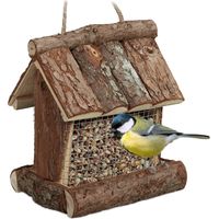 Relaxdays Vogelfutterhaus Holz, zum Aufhängen, HBT: 17 x 15 x 12 cm, mit Silo, Vogelfutterspender für Kleinvögel, natur