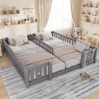 Lit double pour enfants 2x90x200 cm, lit au sol avec barrières de sécurité, cadre en bois, sommier à lattes, étoiles décoratives, gris, pour chambre d'enfant